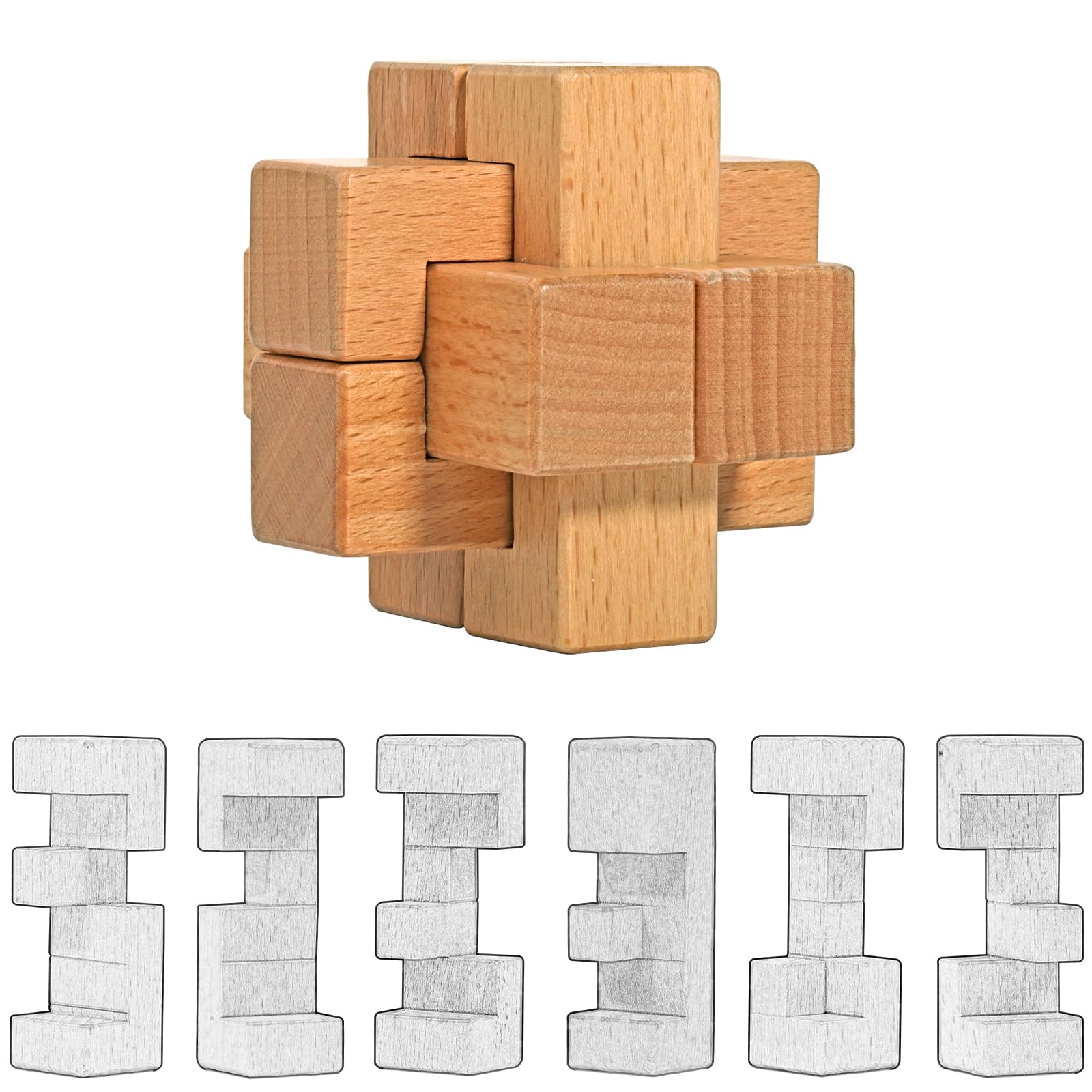 Onietoiy 12 Steps 3D Beech Wood Challenge Wooden Brain Teaser Puzzles Toys Love's Dozen Puzzle Unique Fidget Games Mini Si...