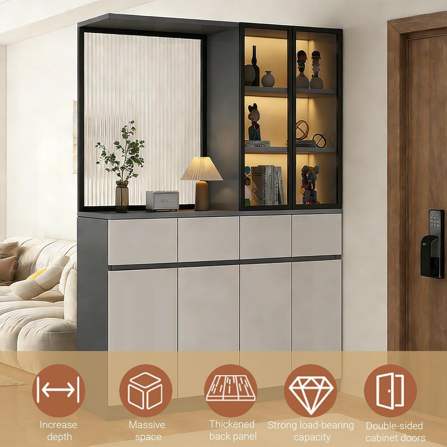 200CM/78.7in Height Floor to Ceiling Wall Post Partitions Screens Wood Room Divider Screen with Storage Cabinet with Open Storage Space(Style D (Right),80cm/31in)