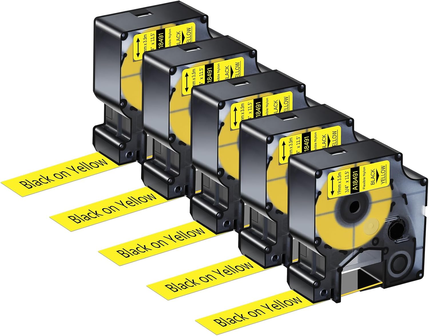 5 Pack Compatible for Dymo Rhino 18491 3/4'' x 11.5' Black on Yellow Flexible Nylon Industrial Label Tape Rhino 4200 5000 5200 6000 and 3M Label Makers