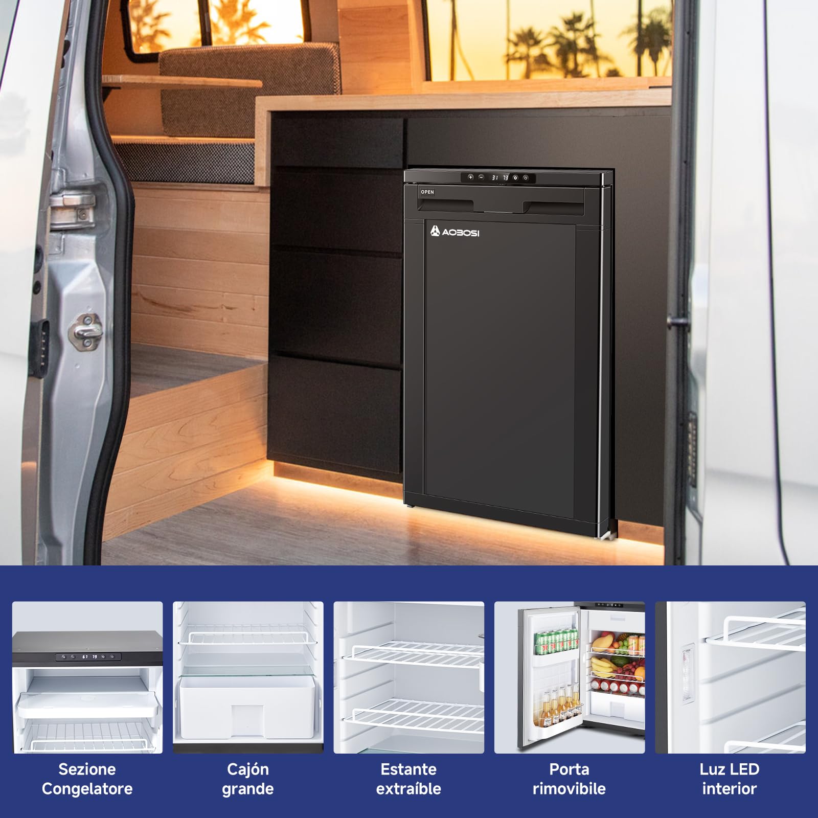 AAOBOSI Frigo Portatile 83L 12/24V DC -20°C a 20°C con APP e Luci LED per Campeggio Caravan Auto Camper