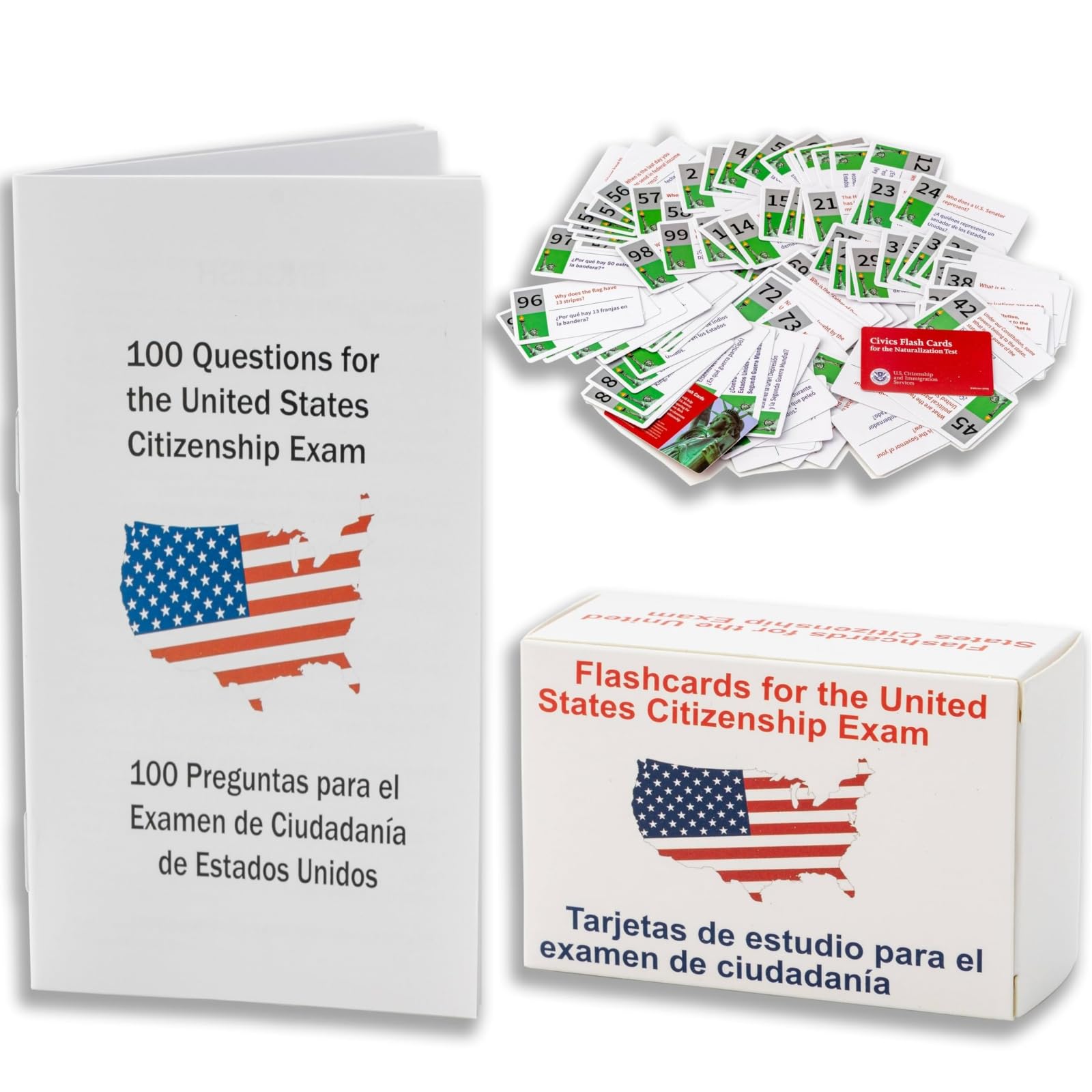 U.S Civics Test Flash Cards Combo Set with Bilingual Booklet - English/Spanish, Naturalization Study Guide with 100 US Civics Questions & Answers, Flashcards for The United States Citizenship