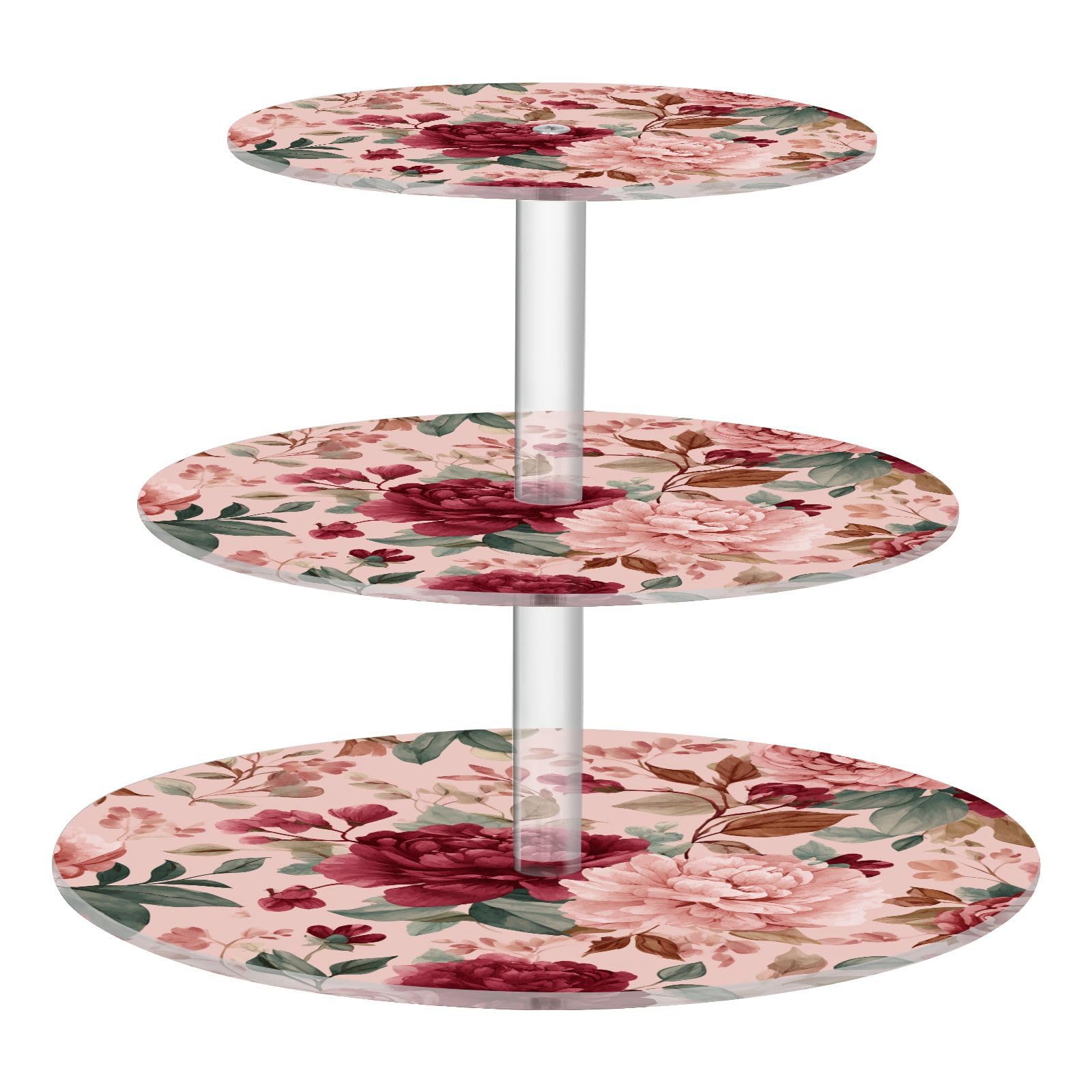 OTVEE 3 Tier Cupcake Stand Red Pink Bouquet Flowers Acrylic Tiered Serving Cake Stand Dessert Tower Tray for Tea Party Wedding and Birthday