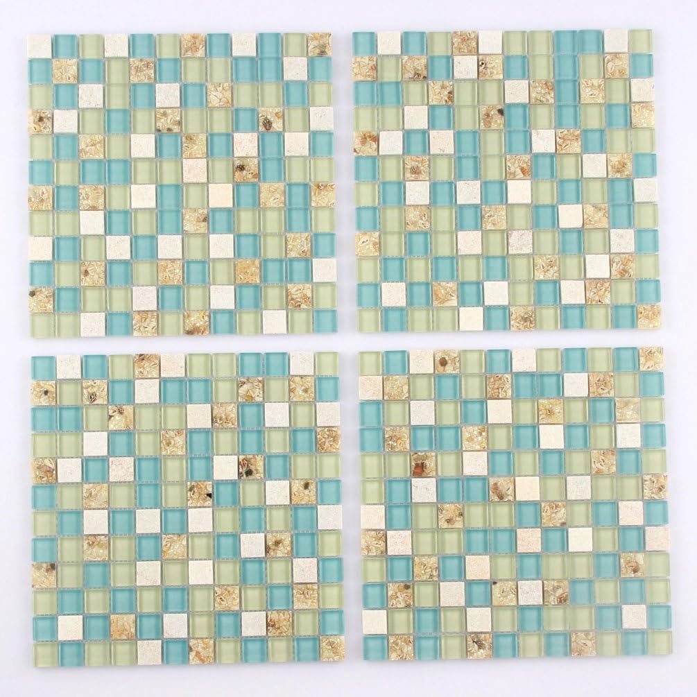 🛒 Flаѕh Sаlе Wall Tiles White Stone Mosaic Tiles Glass Blue Conch Sea Shell Borders Kitchen Backsplash Materials Beach Style Tile [Pack of 11PCS(11.8x11.8x0.31 Inches/Each)]