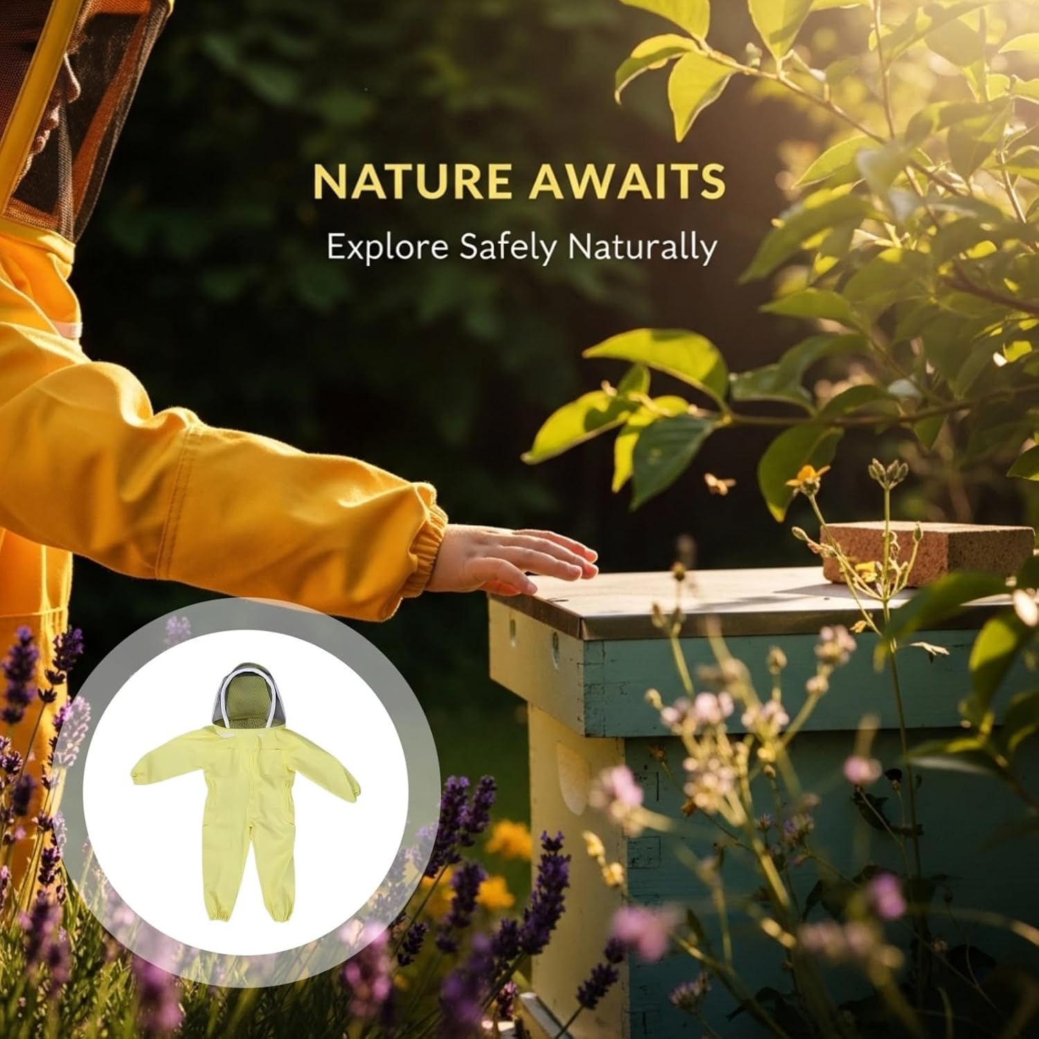 Junior Beekeeping Suit, Yellow L Size, Full Body Coverage, Cotton Polyester Blend with Ventilated Hood for Youth