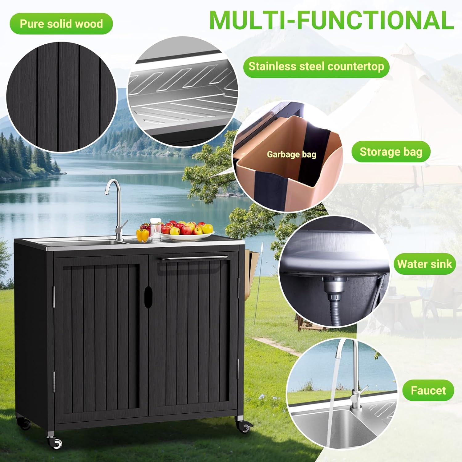 Outdoor Kitchen Island with 304 Stainless Steel Sink and Large Storage Cabinet,Wooden Grill Cart,40-Inch BBQ Prep Station with Sink & 360 Lockable Wheels for Patio, Backyard, Outdoor Party, Black