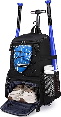 Bolsa de béisbol con ruedas para adultos, bolsa de béisbol con gancho para cerca, guante de bateo, casco, bolsa de murciélago con compartimento para
