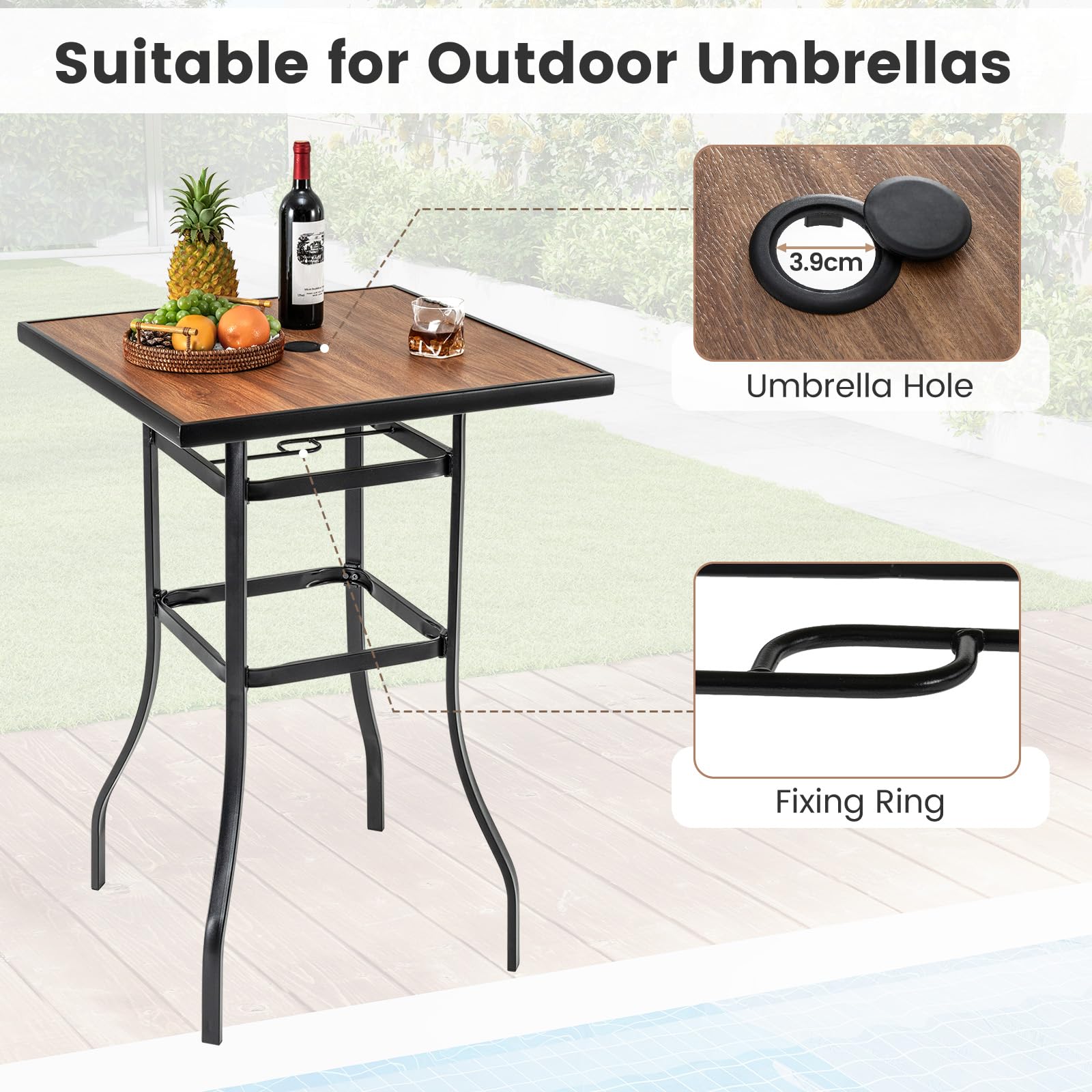 KOMFOTTEU Gartentisch mit Schirmloch, Bistrotisch quadratisch 70 x 70 x 102 cm, Bartisch aus Metall, Stehtisch Balkontisch für Bistro, Garten, Hof