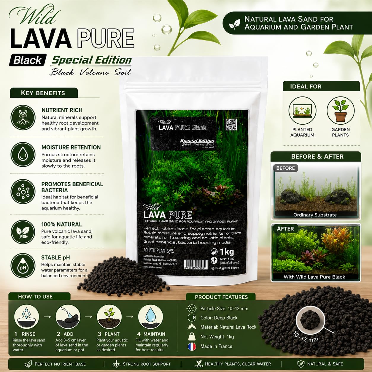 VAYINATO Aquatic Remedies Wild Lava Pure Black (1Kg) | Special Edition Black Volcano Gravel for Planted Aquarium, Aquascaping & Garden Plants | Natural Porous Lava Substrate for Fish & Shrimp Tanks