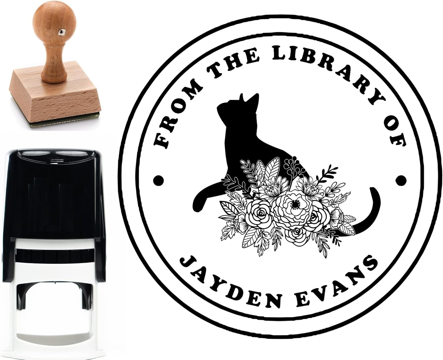 Personalized Self-Inking Book Stamp - from The Library of | Personalized Stamps Self Inking | Custom Stamp | Custom Logo Stamp | Teacher Stamps | Library Stamp | Floral Cats Design (1 5/8" x 1 5/8")