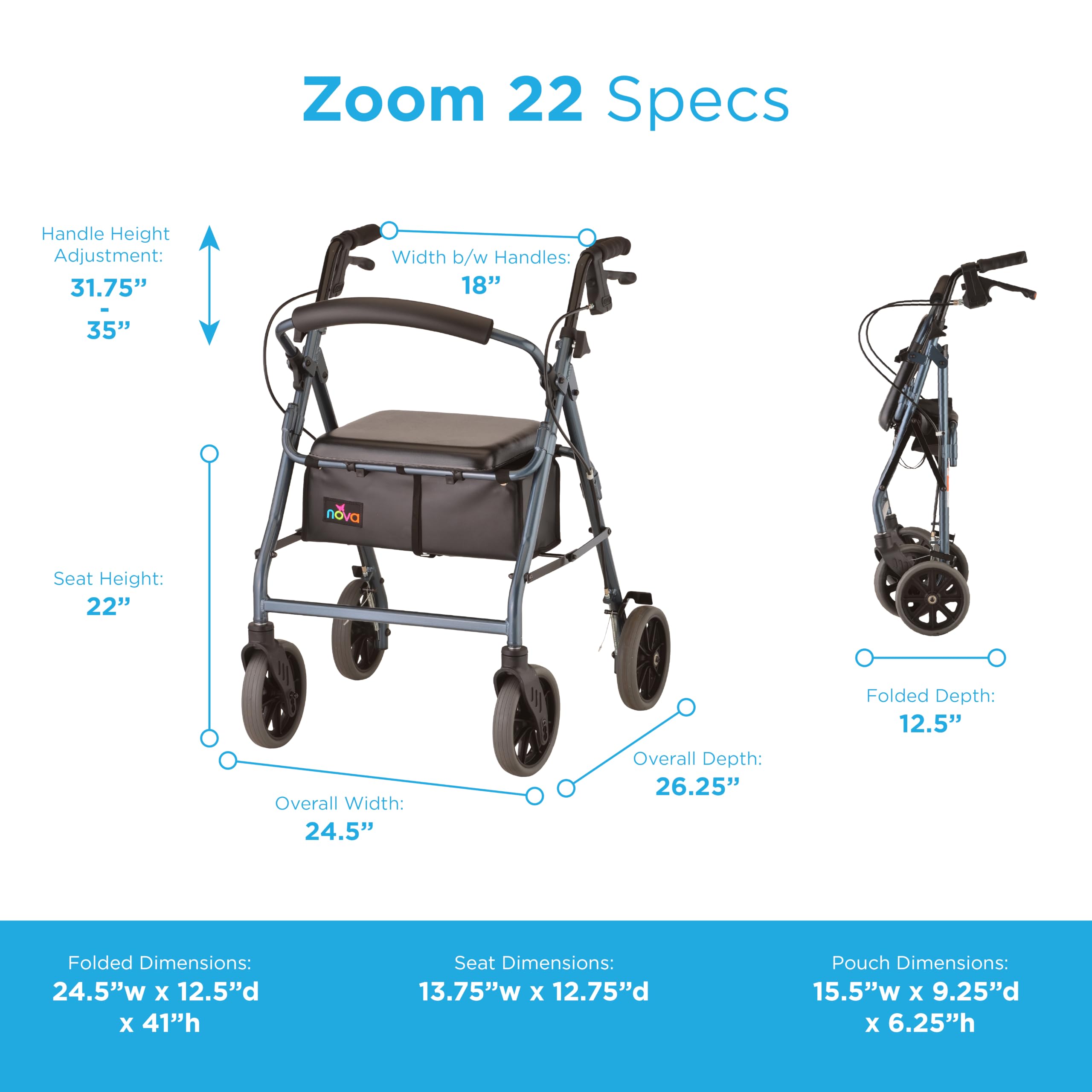 Amazon.com: NOVA Zoom 22 Rollator Walker for Seniors, Rolling
