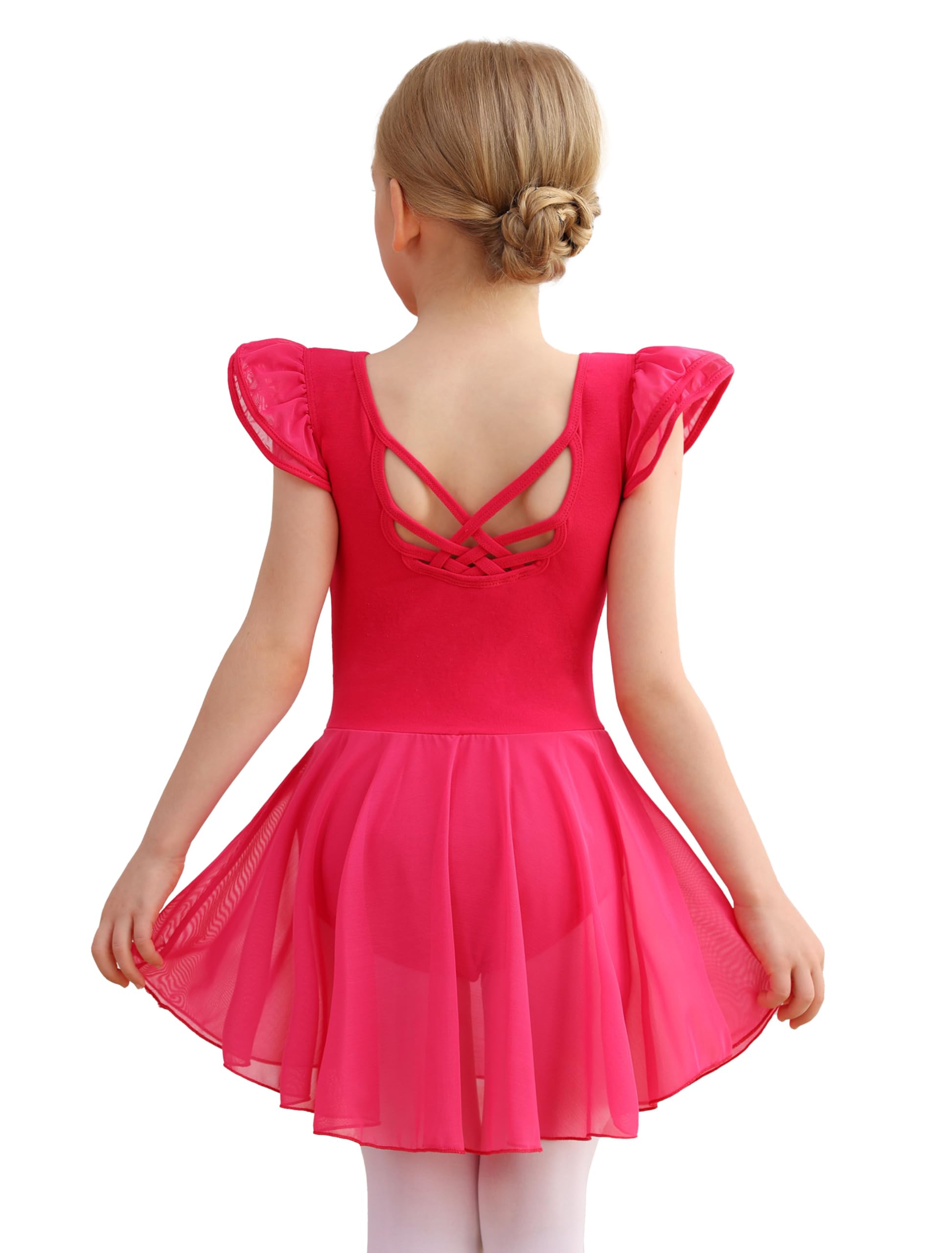 MdnMd Girls Dance Ballet Leotards Dresses for Toddler Ballerina Outfit Skirt Hollow Knot Back Flutter Sleeve
