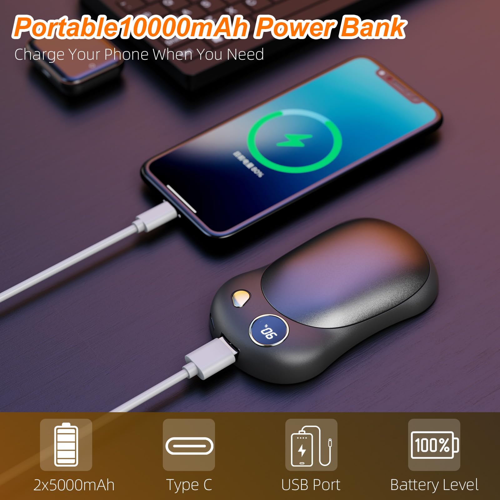 Scaldamani Elettrico, 10000mAh Scaldamani Ricaricabile