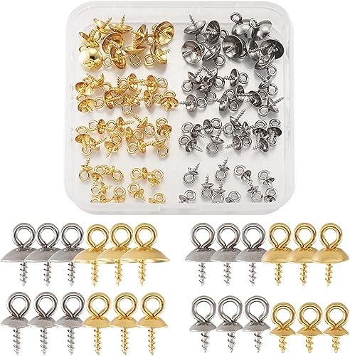 Miniatura 2 de Craftdady 80 piezas de acero inoxidable con forma de perla, colgantes, de metal dorado y plateado, para cuentas medio perforadas, joyería, Acero