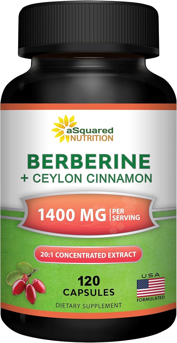 aSquared Nutrition Berberine with Ceylon Cinnamon Supplement - 1400mg Max Strength Complex - 120 Capsules - 1200mg HCl Powder Extract Plus Pills - Alternative to Gummies & Drops