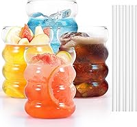 Vista 1 de Juego de 4 vasos de vidrio acanalados con pajitas de vidrio, vasos de café helado estéticos de 10 onzas, vasos de burbujas, cristalería acanalada