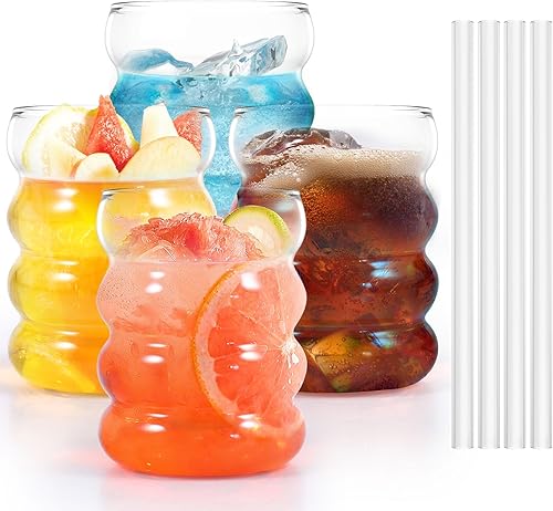 Juego de 4 vasos de vidrio acanalados con pajitas de vidrio, vasos de café helado estéticos de 10 onzas, vasos de burbujas, cristalería acanalada,