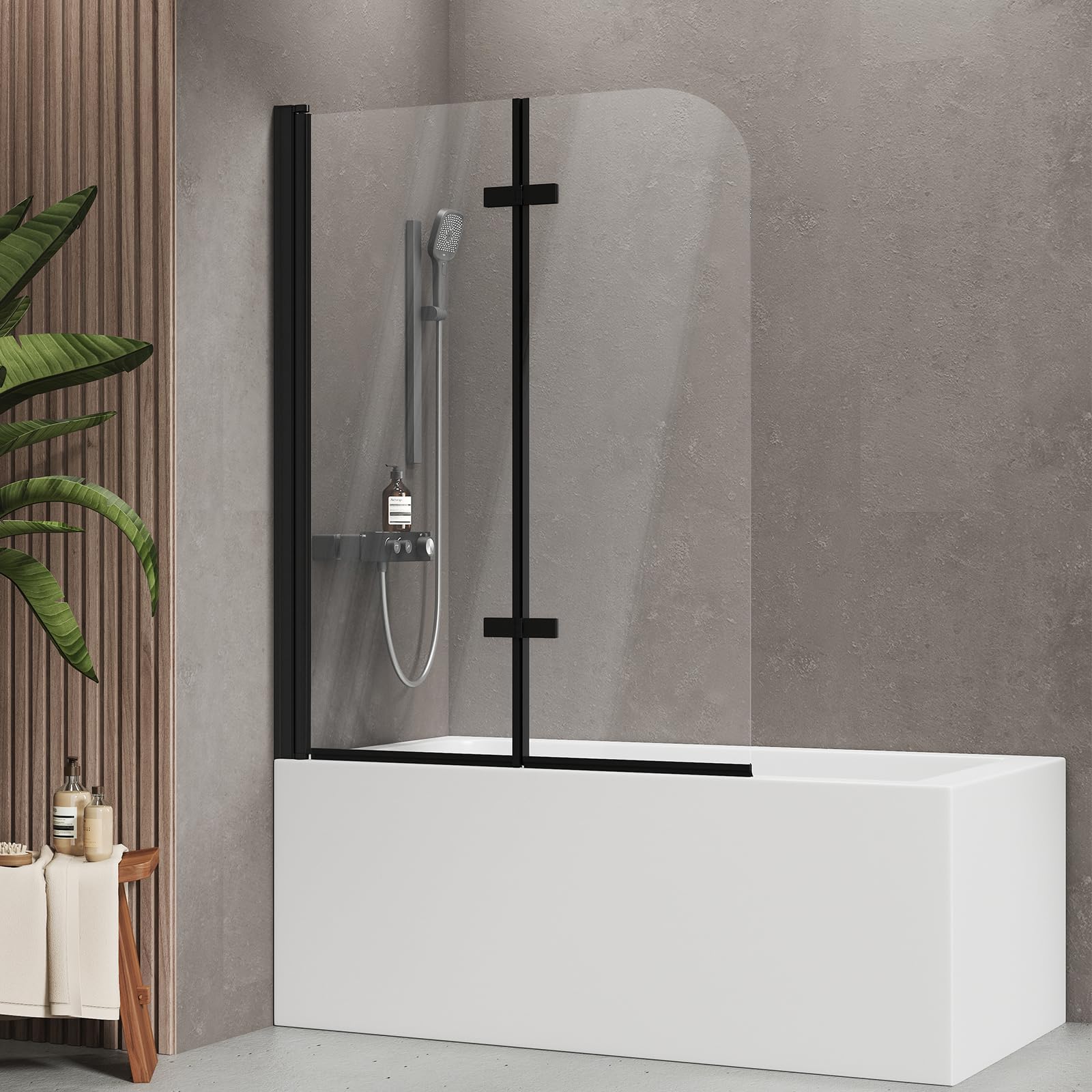 EMKE Mampara de ducha para bañera de 110 x 140 cm, 2 piezas, plegable, giratorio 180°, accesorio de ducha, mampara de ducha, 6 mm, cristal de seguridad templado fácil de limpiar