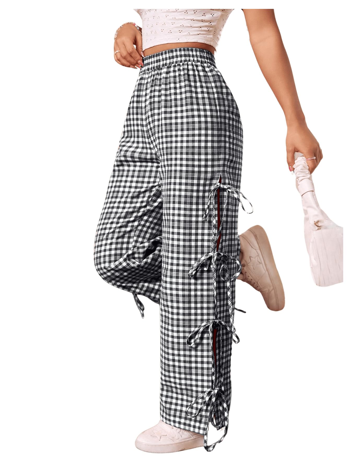 Floerns Womens Gingham Print Elastic Waist Slit Tie Sides Straight Leg Pants