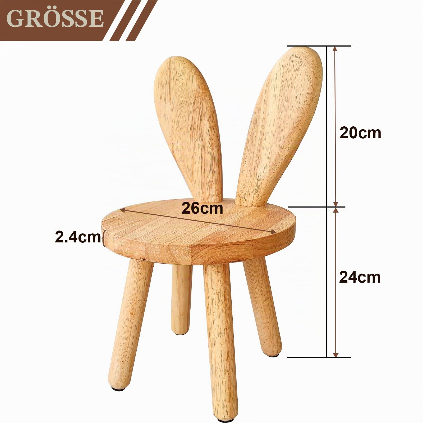 Massivholz-Ständerhocker, individuelle Hasenohren-Form, Rückenlehne, kleiner Kinderstuhl, runde Holz-Kindermöbel zum Essen, Lesen und Spielen (Holzfarbe)