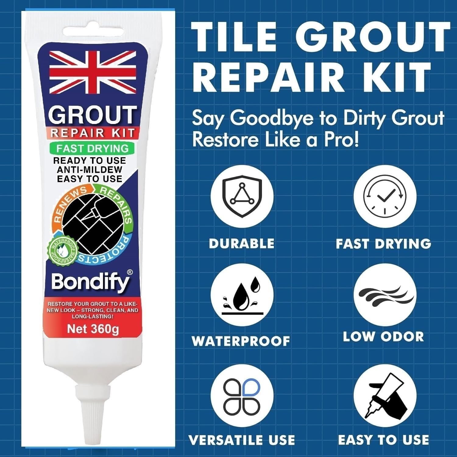Kit Riparazione Fughe Piastrelle Bianco, Asciugatura Rapida 360g x 2 ANTI-MUFFA Tubetto Stucco per Piastrelle Bagno & Doccia Grout Repair Kit, Stucco per Fughe Pavimento, Sigillante per Malta