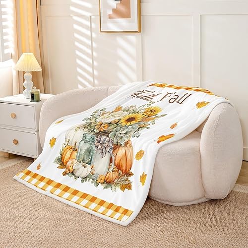 Miniatura 4 de Fall Sunflowers Throw Blanket,Thanksgiving Day Pumpinks Bed Plush Blanket for Living Room Decor,Rustic Geometric Grids Couch Bed Sofa Soft Cozy Kids