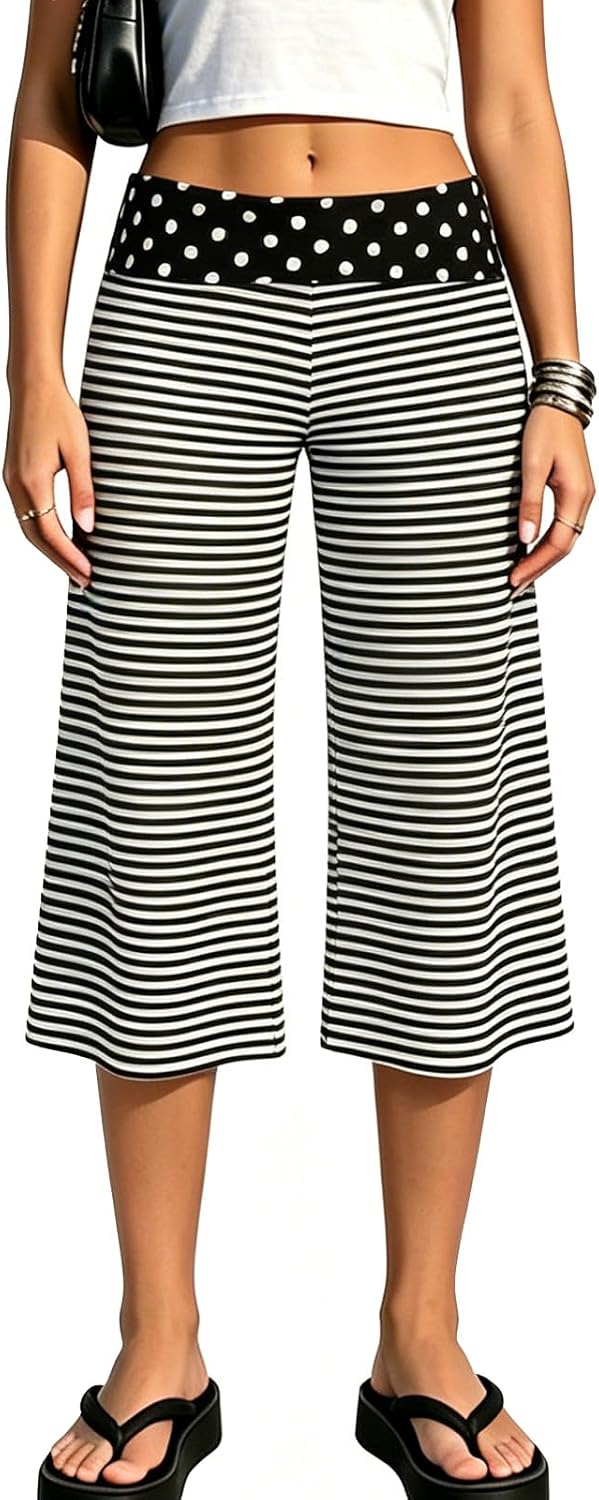 Foldover Culottes for Women Low Rise Gauchos Pants Cropped Flowy Wide Leg Palazzo Lounge Yoga Capri Pant