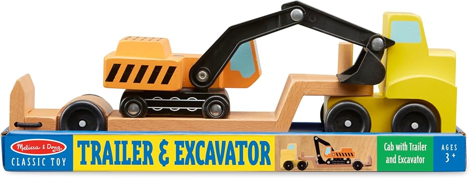 Melissa & Doug Trailer and Excavator Wooden Vehicle Set (3 pcs)