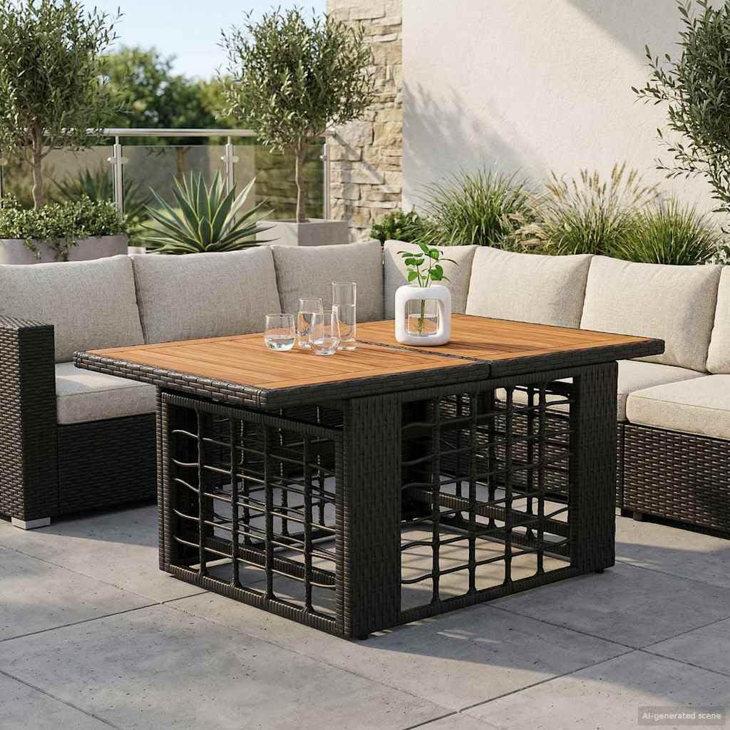 Mesa de jardín con cristal templado y marco de acero, mesa baja exterior ratán resistente