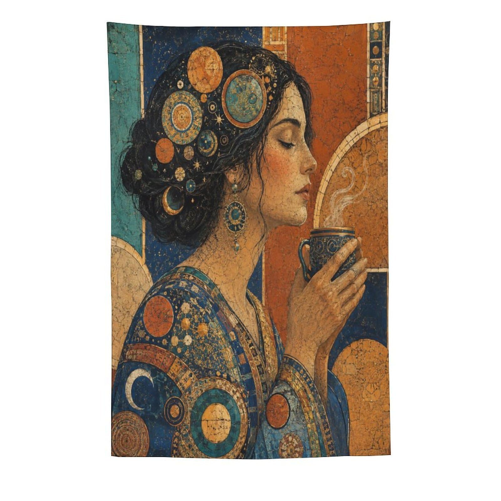 H3B8U2Y5 Elegant Woman with Teacup Wall Tapestry, Mosaic Style, Office