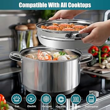 4 QT Stainless Steel Cookware Set, 3-Piece Multipurpose Stock Pot with Steamer Pot and Tempered Glass Lid, Stainless Steel Handle, Work with Gas Electric Induction Stove