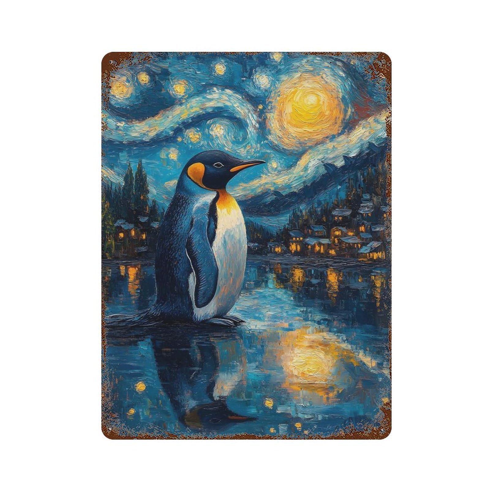 Decorative Tin Sign Penguin Under Starry Night 15.7"x11.8", Decorative Metal Wall Art for Garage, Bar And Workshop Decor