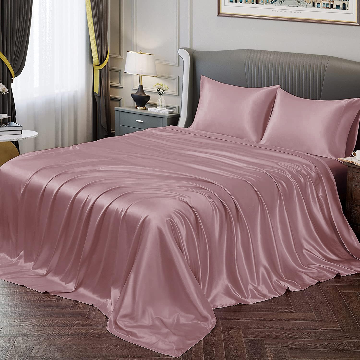 Cloth Fusion Satin Bedsheet for King Size Bed, Perfect for Romantic Night, Excellent Gift for All Celebrations, Set of 1 Satin Sheet 108"X108" & 2 Pillow Covers (Rose Gold)| H603 | 115 TC