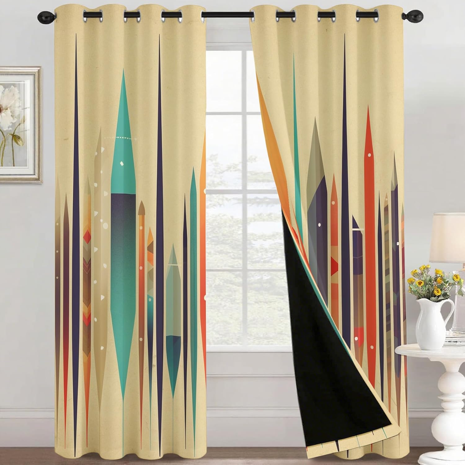 Retro Geometric Bedroom Curtains 63 Inch - Mid Century Modern Printed Living Room Curtains, Retro Geometric Home Decor Blackout Window Drapes with Grommet, 2 Panels Set - HL2982