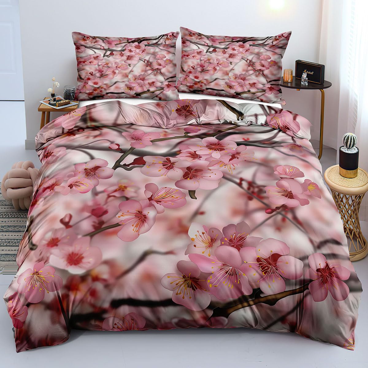 Housse de couette 260x240 avec fermeture éclair et parure de lit fleurs de cerisier roses