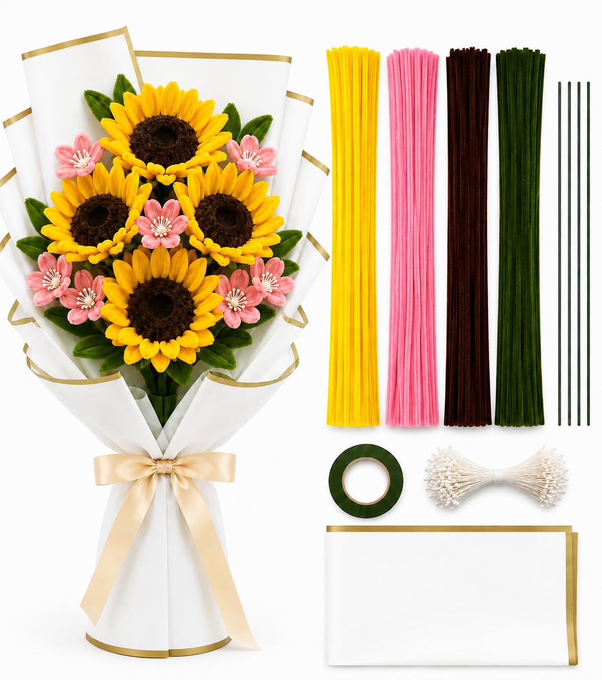 KUMUDAM Flower Bouquet Making kit (Bouquet kit-Sunflower-whitepaper) | fluffy chenille stems kit-picture-23