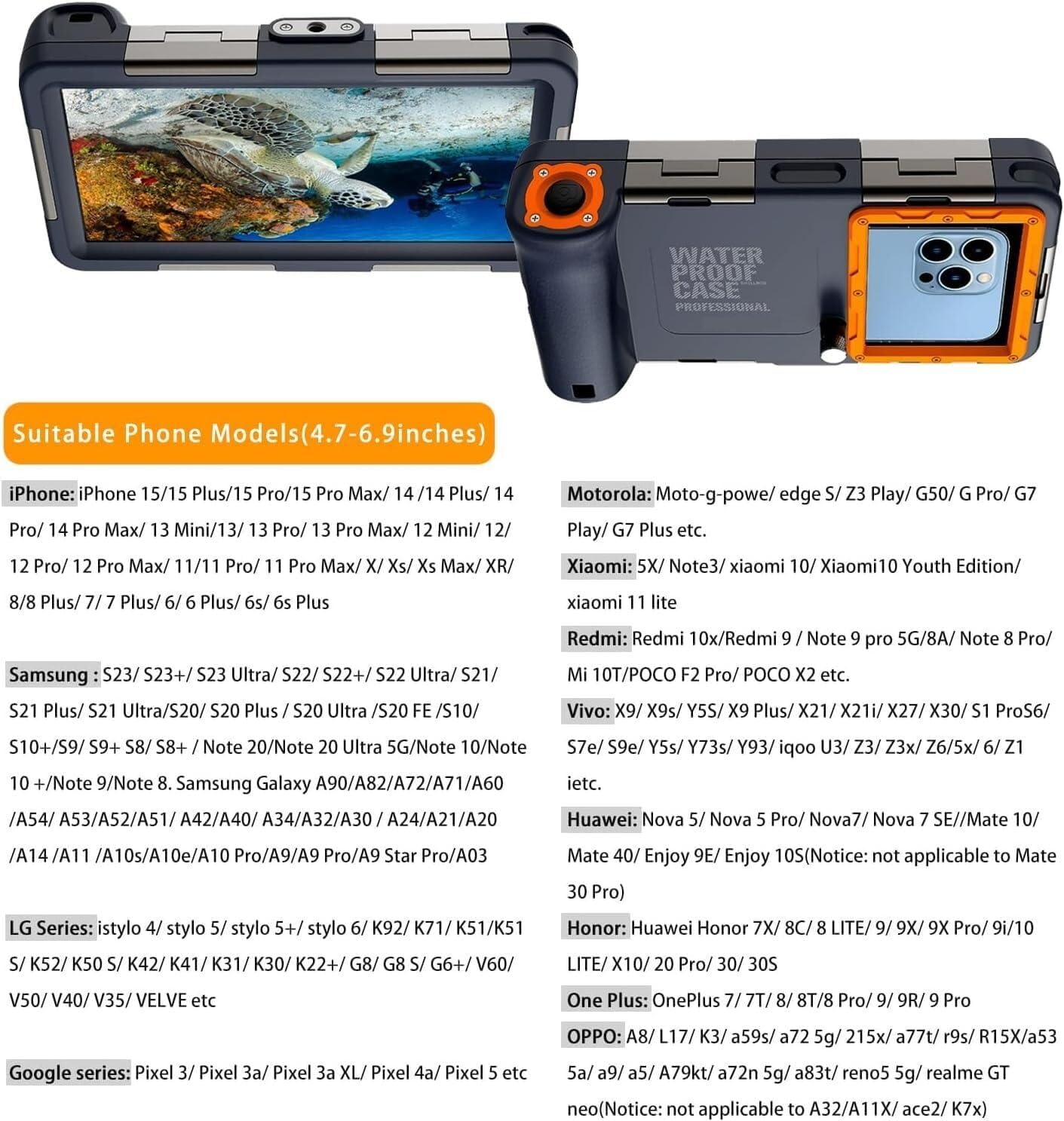 Funda de buceo submarino mejorada para iPhone 15/14/13/12/11 Pro Max/XR/XS/X Galaxy S24/S23/S22/S21, funda universal impermeable para esnórquel, foto y vídeo, amarillo (naranja)