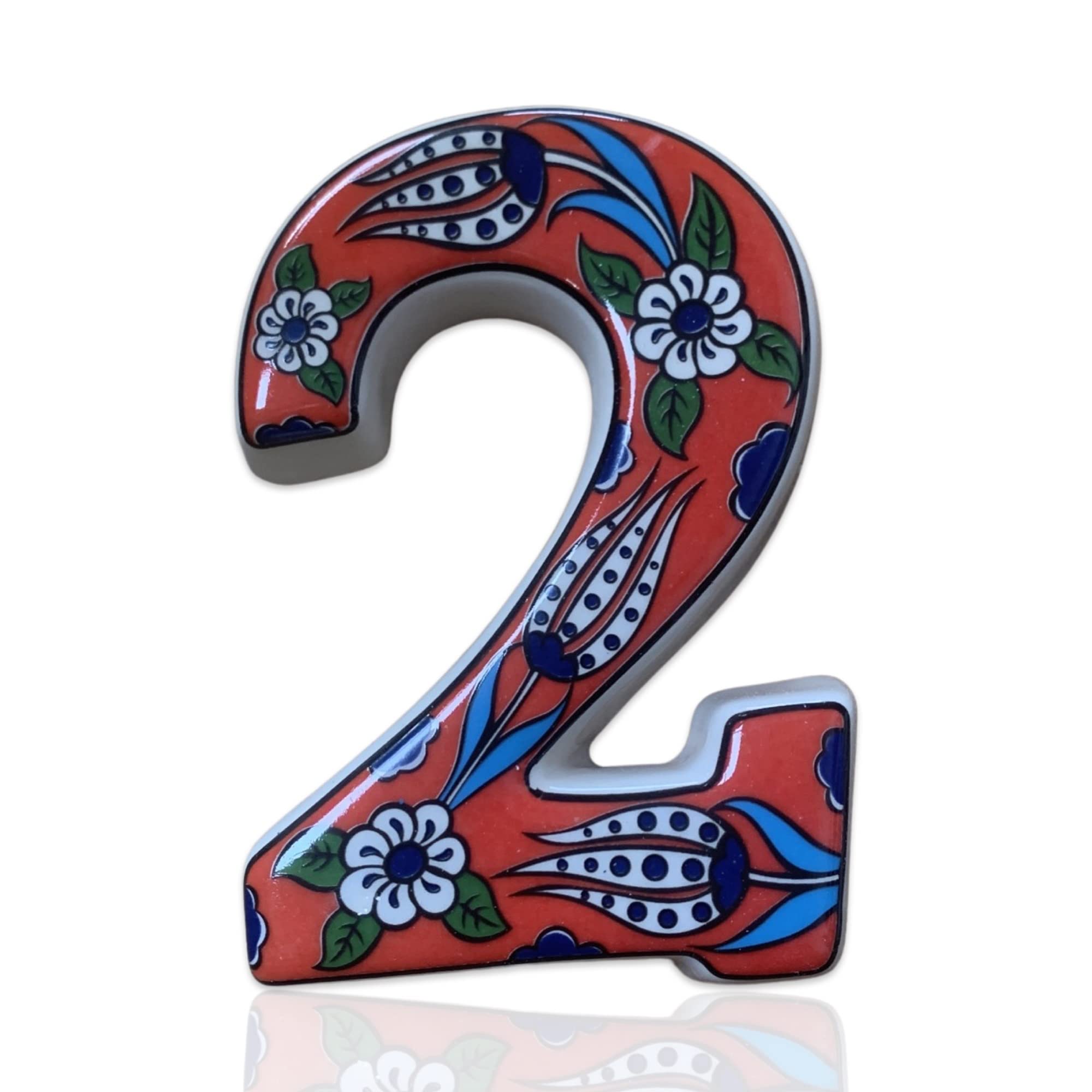 SPIRIT HOME INTERIORS - Handmade Mediterranean Style 3D Ceramic Outdoor House Number Door Sign Address Plaque (Red, Number:2)