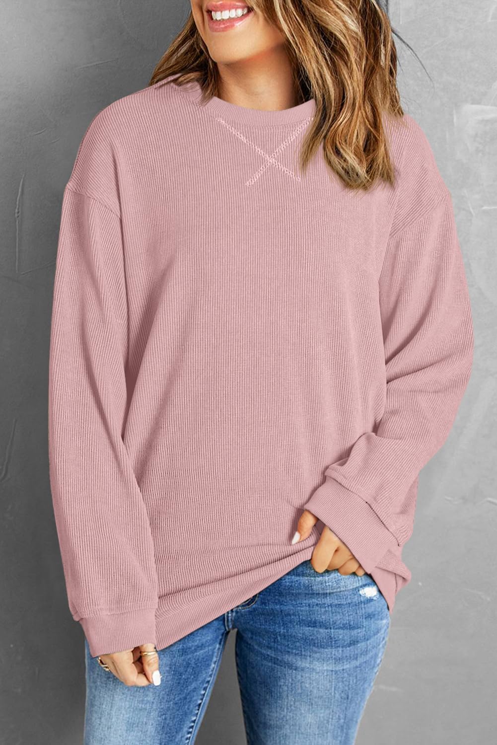 ONLYSTORY Womens Sweatshirts Casual Cored Corduroy Pullover Tops Oversized Long Sleeve Crewneck Shirts