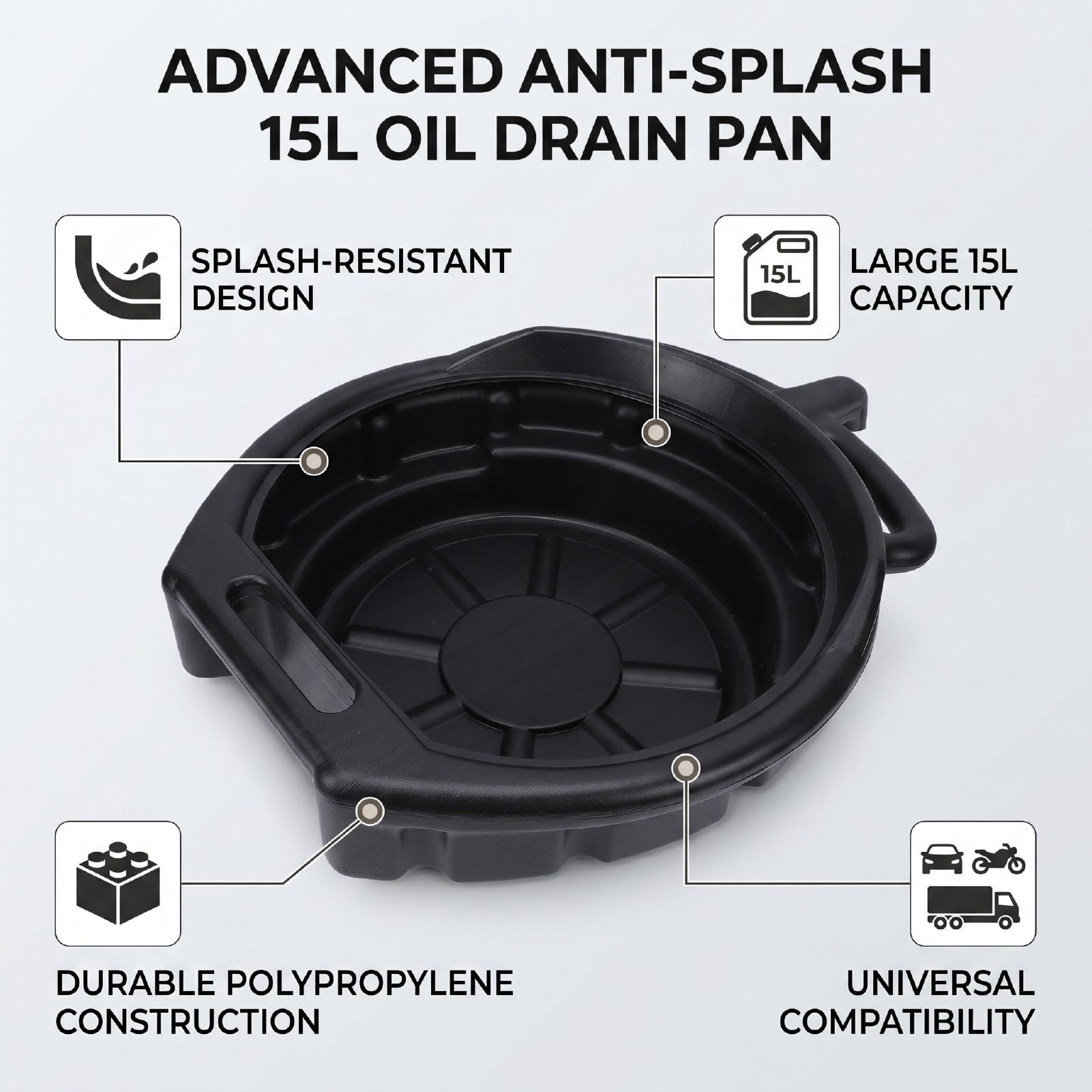 aqxreight Bandeja de Drenaje de Aceite de 15 litros con Tecnología Antisalpicaduras, Recipiente Colector de Goteo de Aceite Negro para Automóviles, Motocicletas y Camiones
