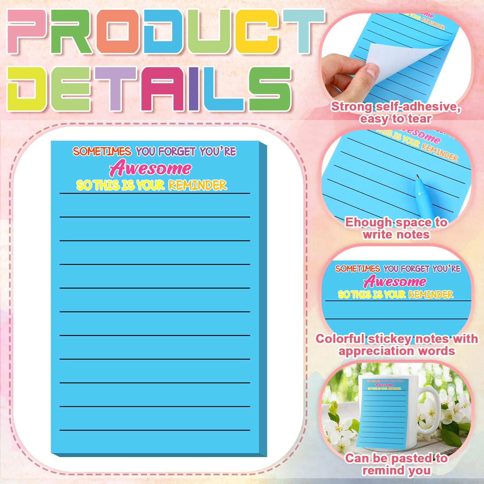 Yinder Lot de 24 blocs de notes adhésives inspirantes avec lignes de motivation colorées pour femme, employée, infirmière, enseignante, école, bureau (remerciement) 10,2 x 15,2 cm