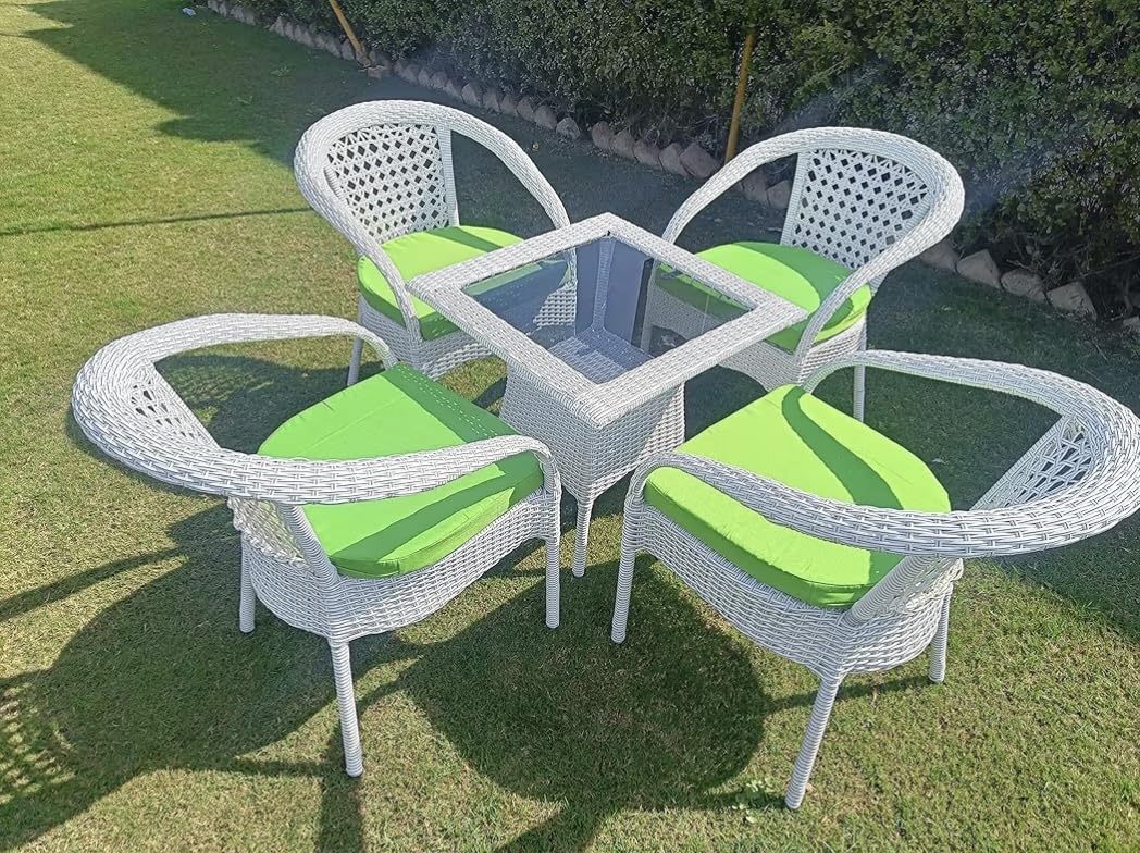 4+1 Wicker Patio Furniture Set Outdoor Table & Chair for Garden, Balance & Backyard | All-Wheather, UV-Protecte, Rust Free-Frame | Style & Durable Design (Off White+Green)-image-25