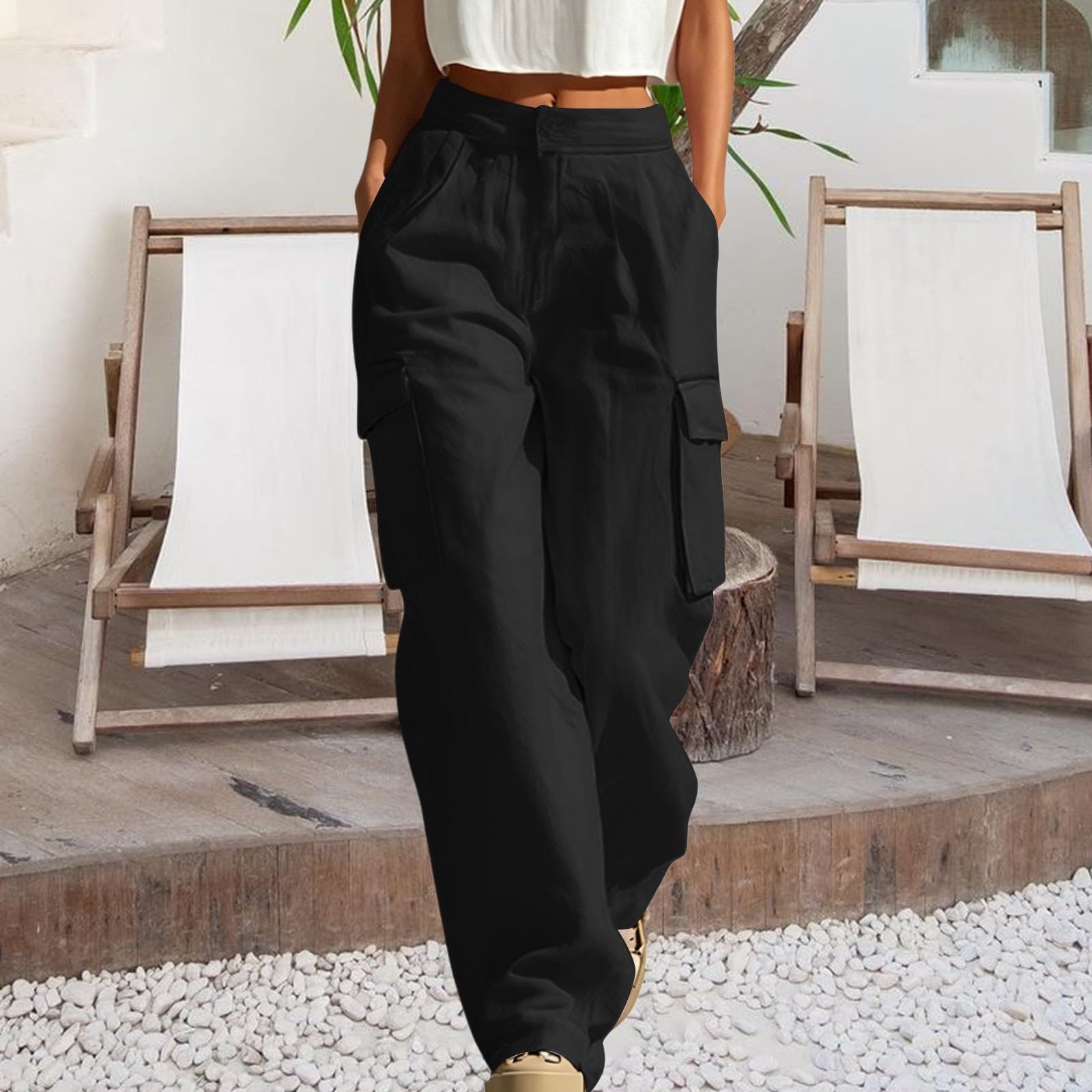 Pantalones de senderismo para mujer, cintura alta, holgados, multibolsillos