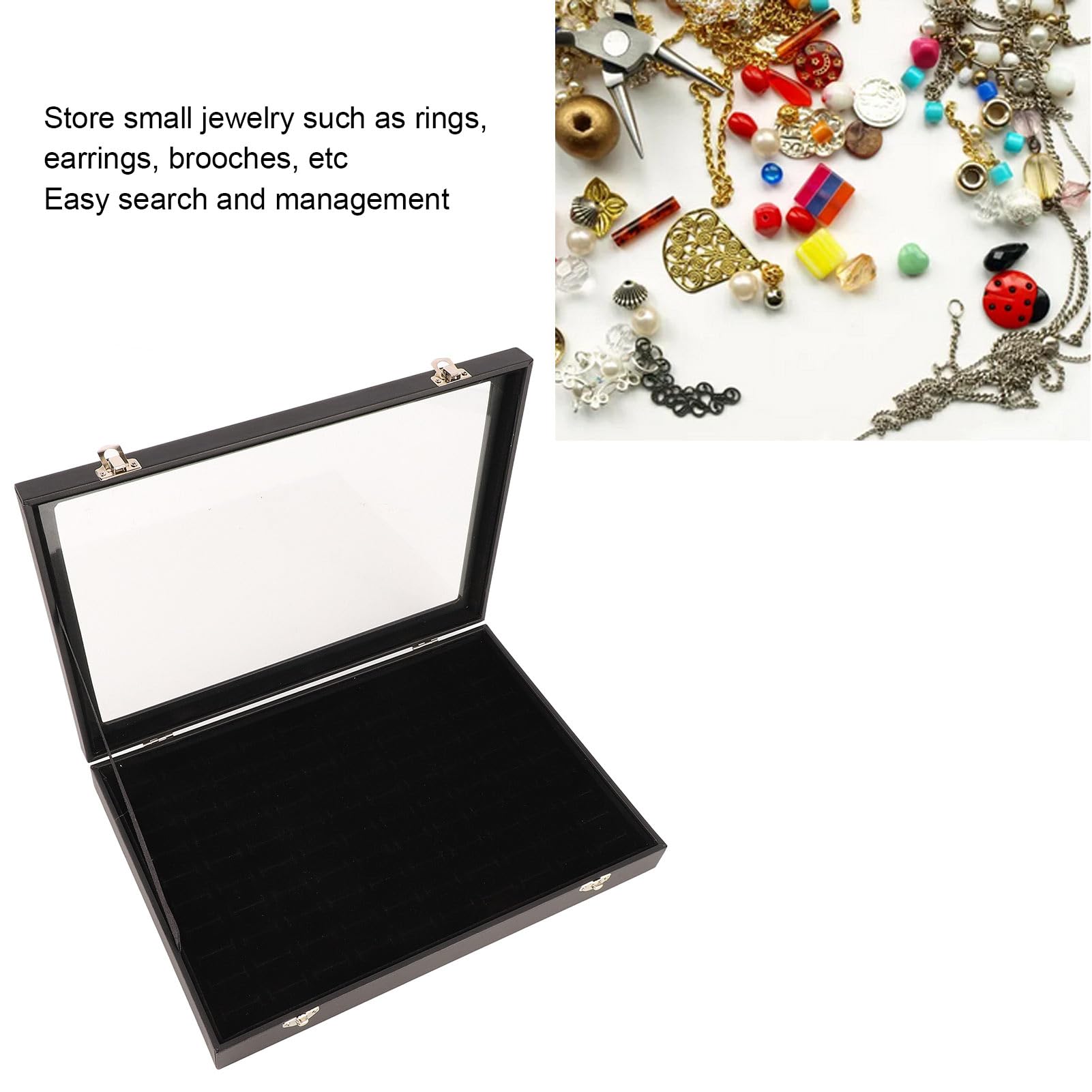 Boîte De Rangement Pour Bagues – 100 Emplacements Avec Couvercle Transparent – Extérieur Cuir Synthétique, Intérieur Daim éponge – Noir Ou Blanc - 2