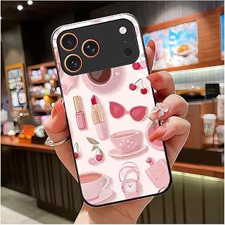 for iPhone 17 Pro Max Case 6.9 inch Girly Coffee & Pink Pattern, Glossy Smooth Hard Finish case, Cute & Feminine & Vibrant Style, Aesthetic Fans, Galentine's Day Gift