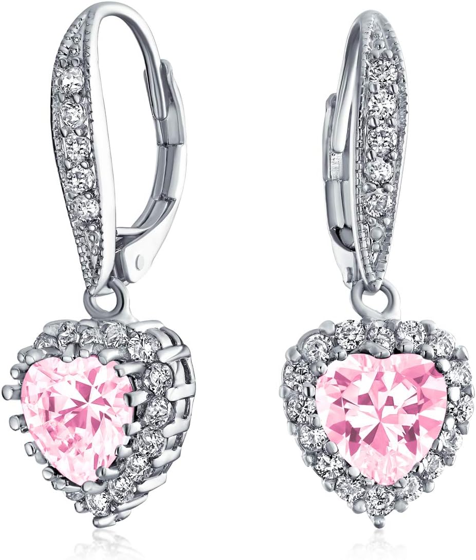 Bridal Anniversary Wedding Romantic Red Pink Clear 4CT AAA CZ Halo Heart Shaped Cubic Zirconia Dangle Lever back Earrings For Women Girlfriend Invisible Cut Rhodium Plated