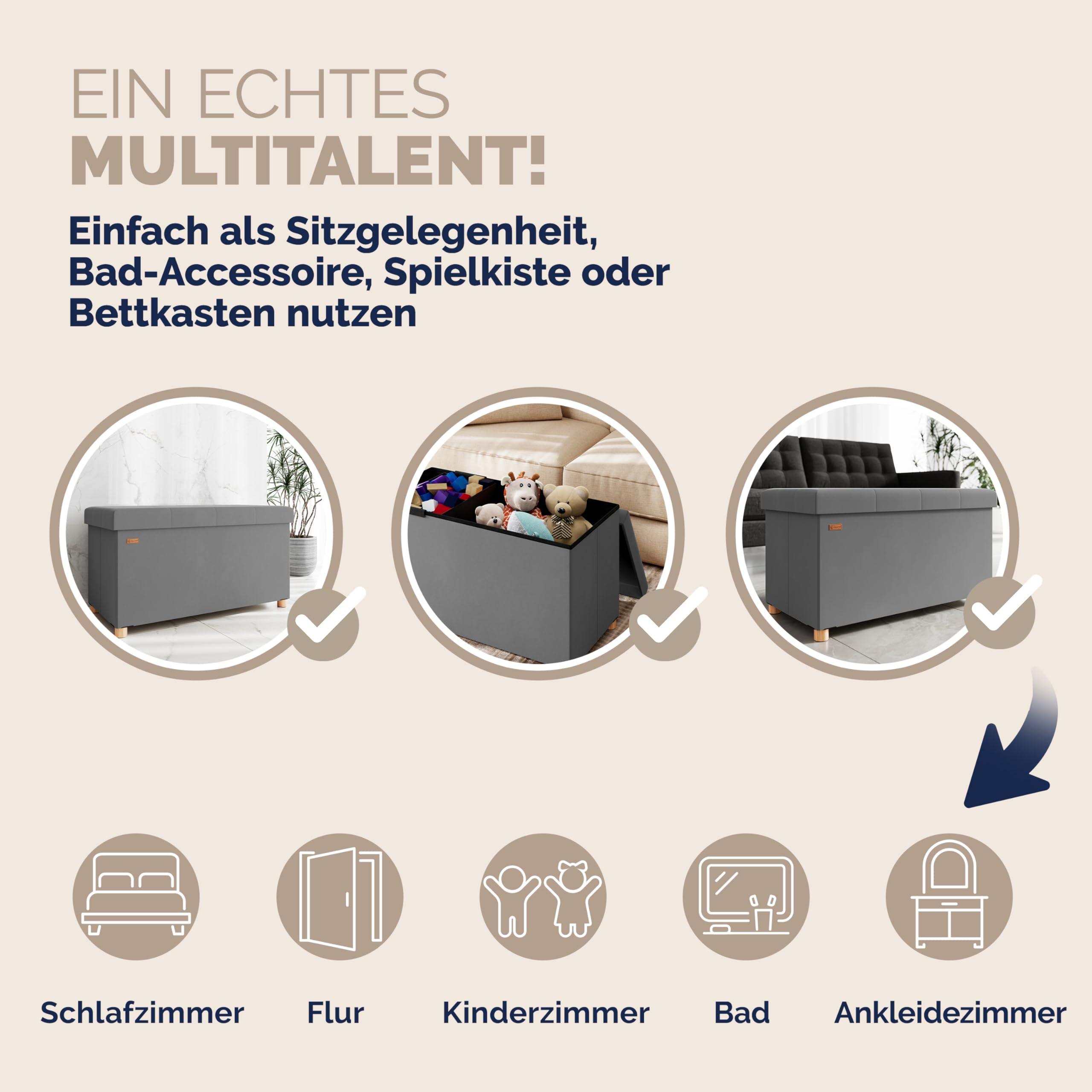 Casaria® Sitzbank mit Stauraum Anthrazit Samt mit Holzfüßen Faltbar Sitzbank 300kg Belastbar 76cm Truhe Wohnzimmer Schlafzimmer Flur Truhenbank Bank