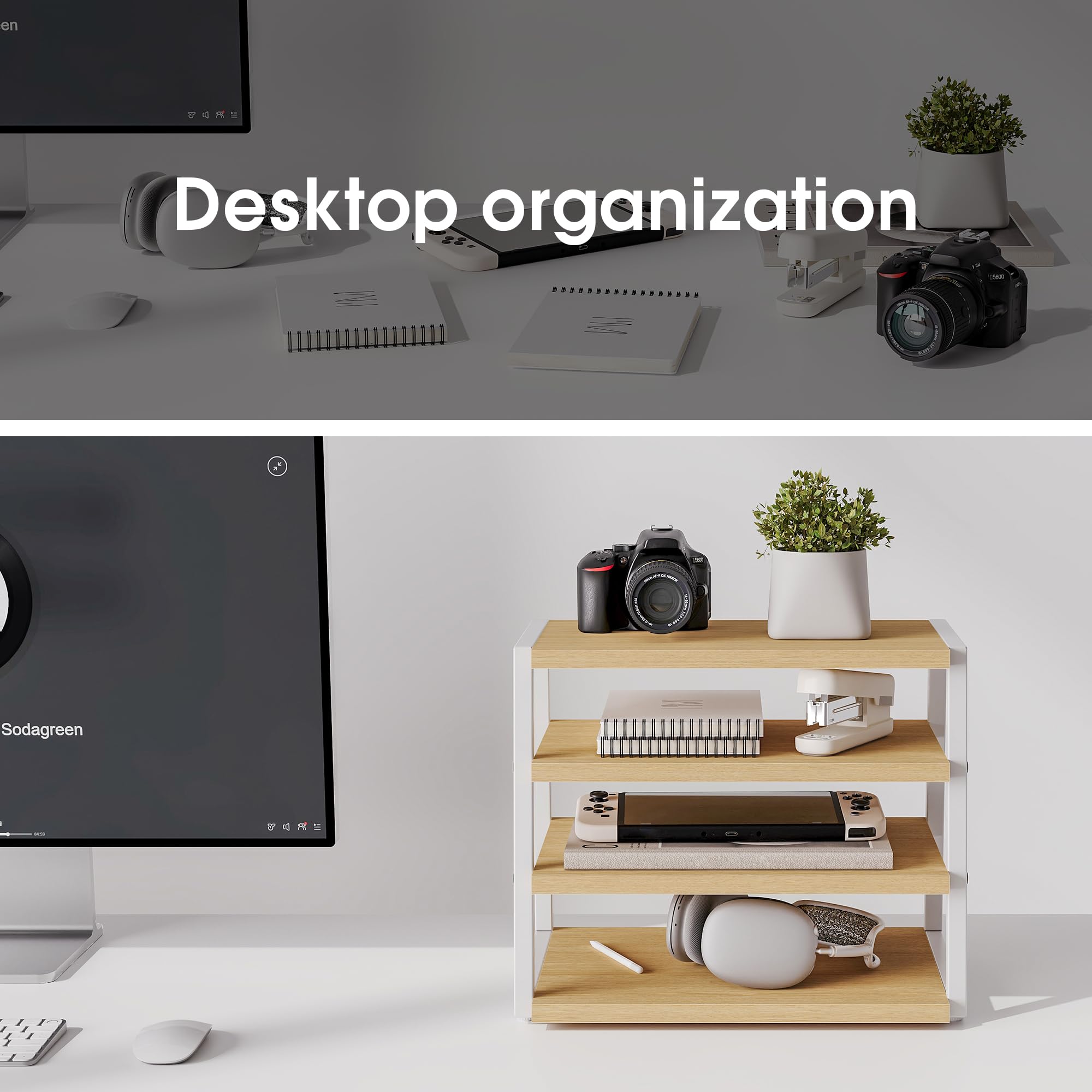 Fenge Organiseur de Bureau À 4 Niveaux en Bois, Banette de Rangement, Support Rangement de Fichiers Lettres, Pour Bureau, Maison, Chêne