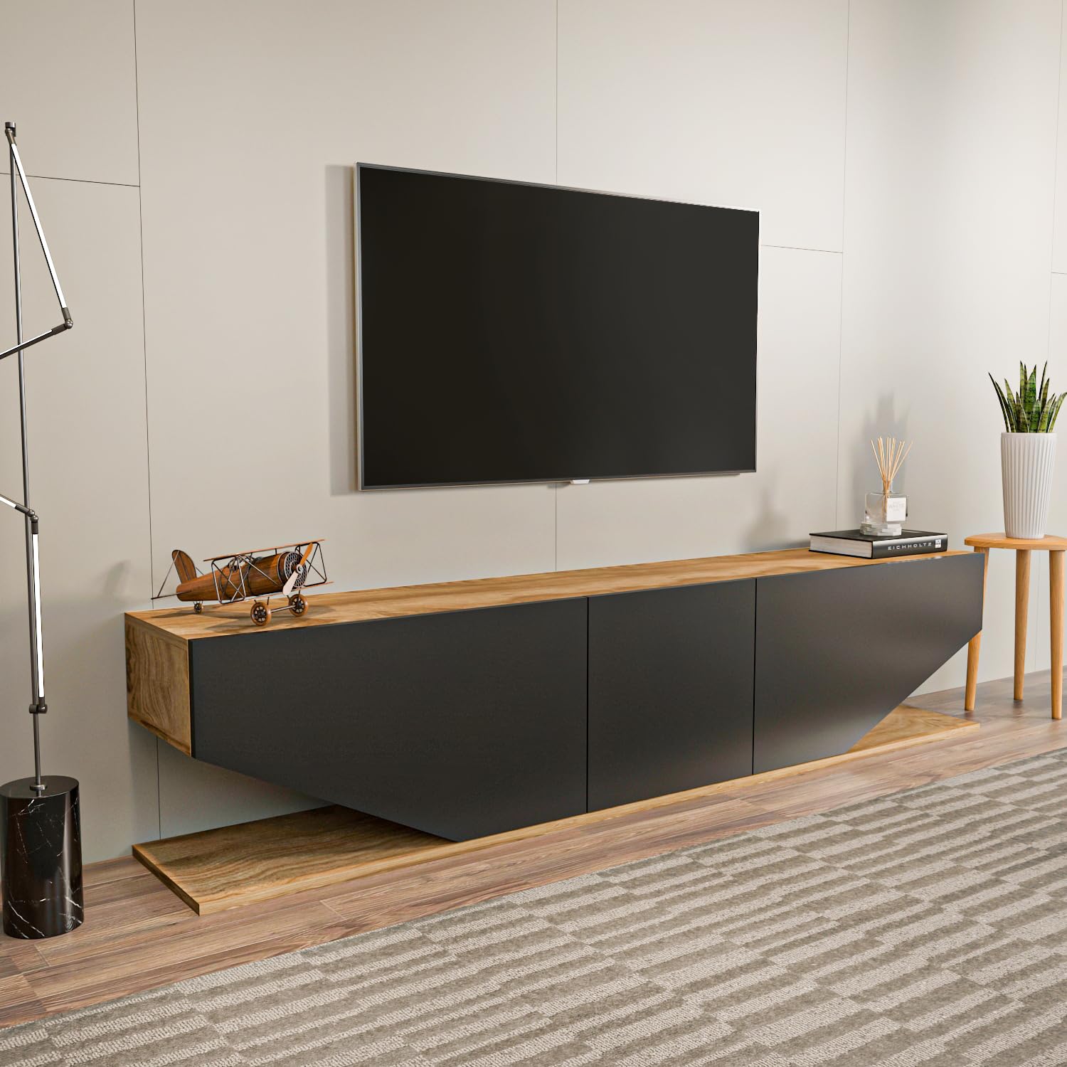 DECOROTIKA Meuble TV 180 cm Moderne avec Rangement et Portes – Noir et Chêne