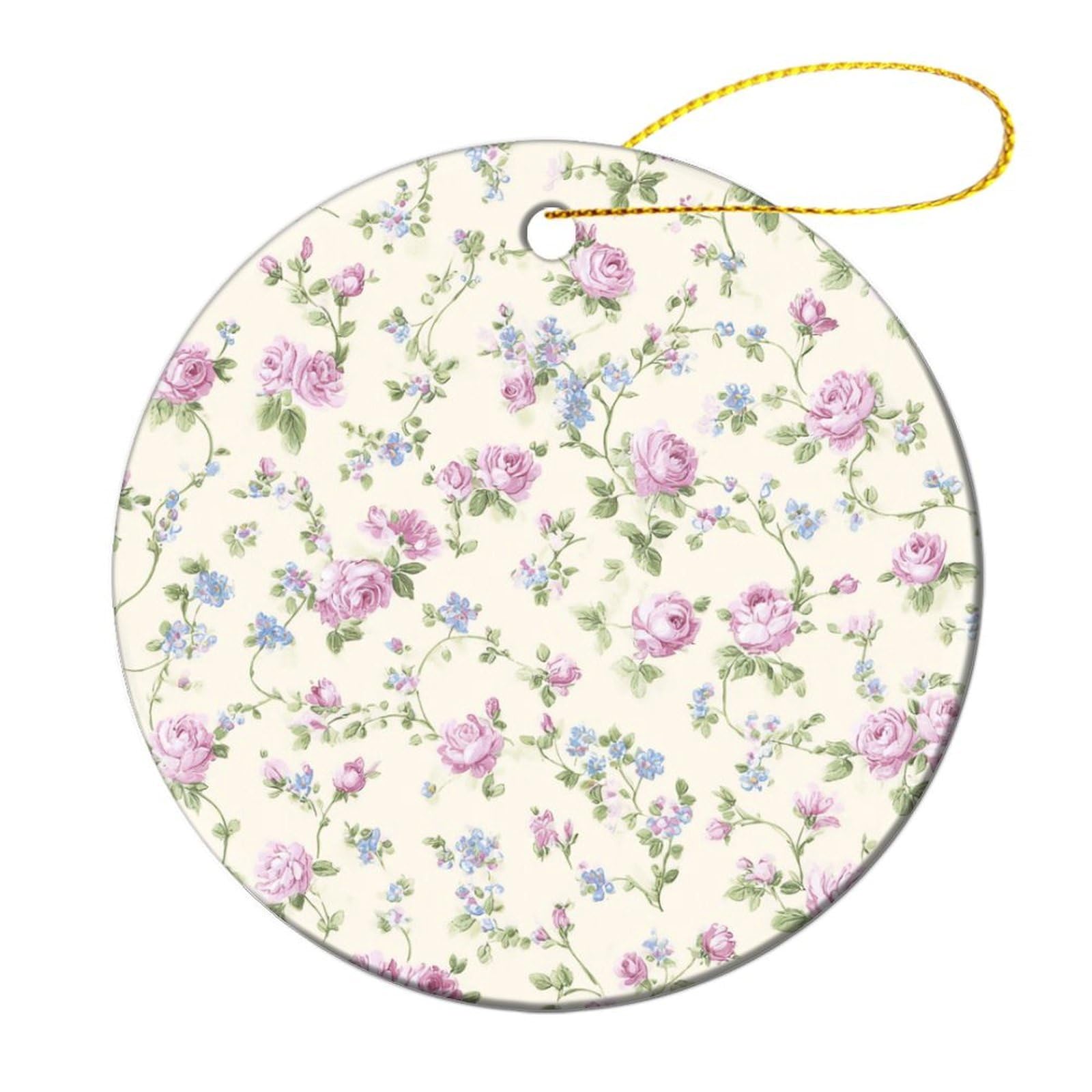 Floral Pink Roses Flowers with Curling Sprigs Christmas Tree Hanging Ornaments,2 Pieces, 7.2CM Round Double-Sided