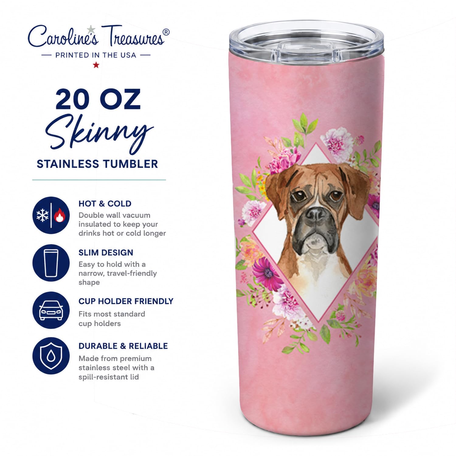 Caroline's Treasures CK4255TBL20 Thermobecher aus Edelstahl, Motiv: Boxer, rosa Blumen, 590 ml, schmaler Vakuumbecher, doppelwandig, wiederverwendbar, isoliert, Reisebecher für Kaffee, Cocktails